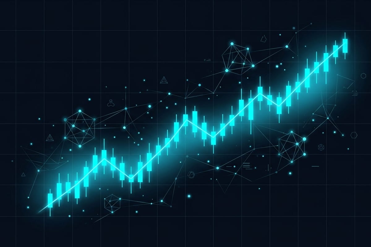 Abstract glowing cyan trading chart rising across a deep navy blockchain network